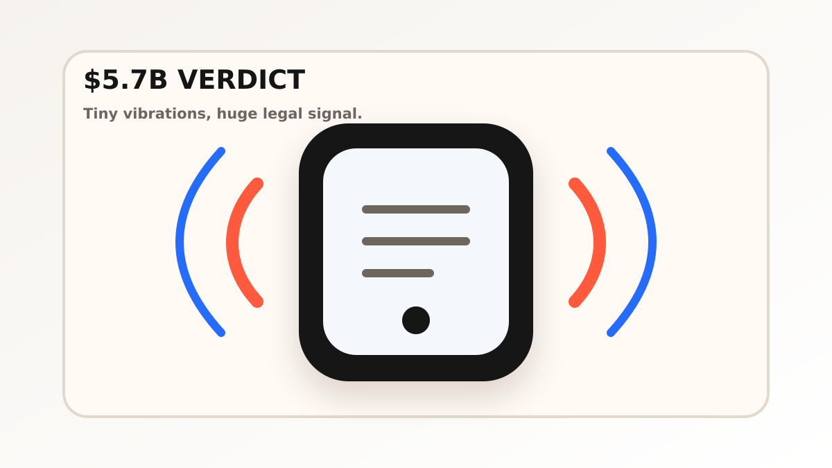 Generated illustration of a smartphone emitting haptic waves beside a large damages verdict