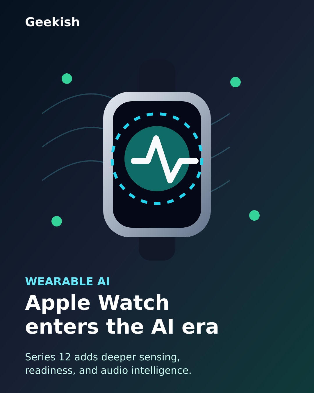 Illustration of a smartwatch showing health signals and AI audio waves