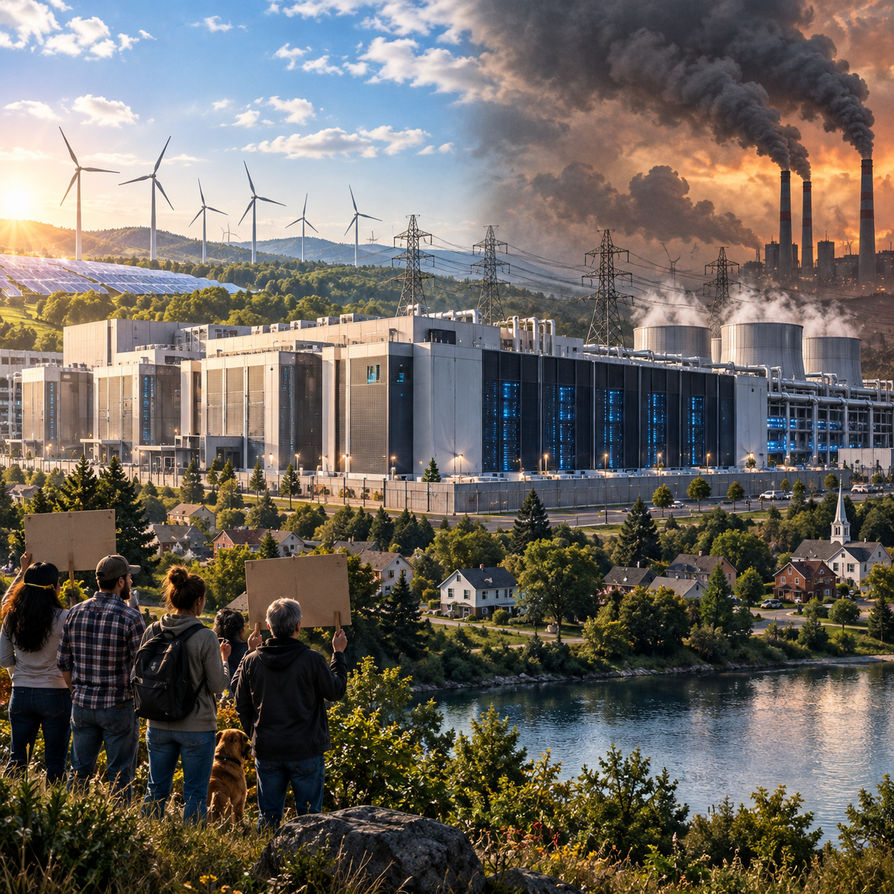 Generated illustration of a large data center between clean energy infrastructure and fossil-fuel pollution
