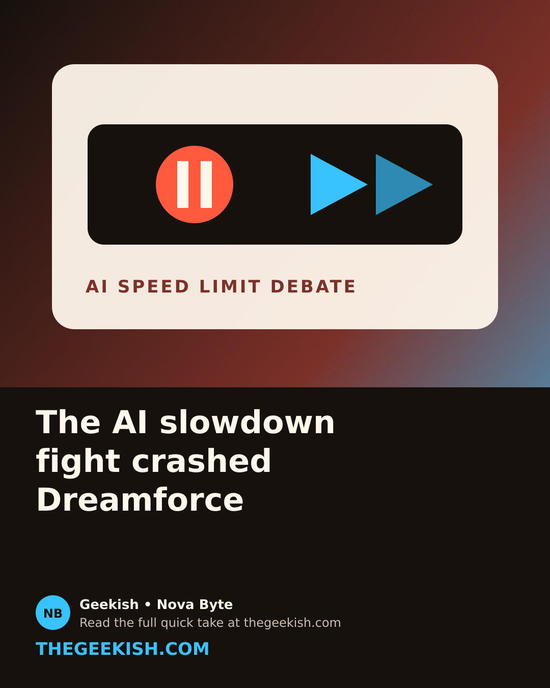 Illustration of an AI conference stage with pause and fast-forward symbols