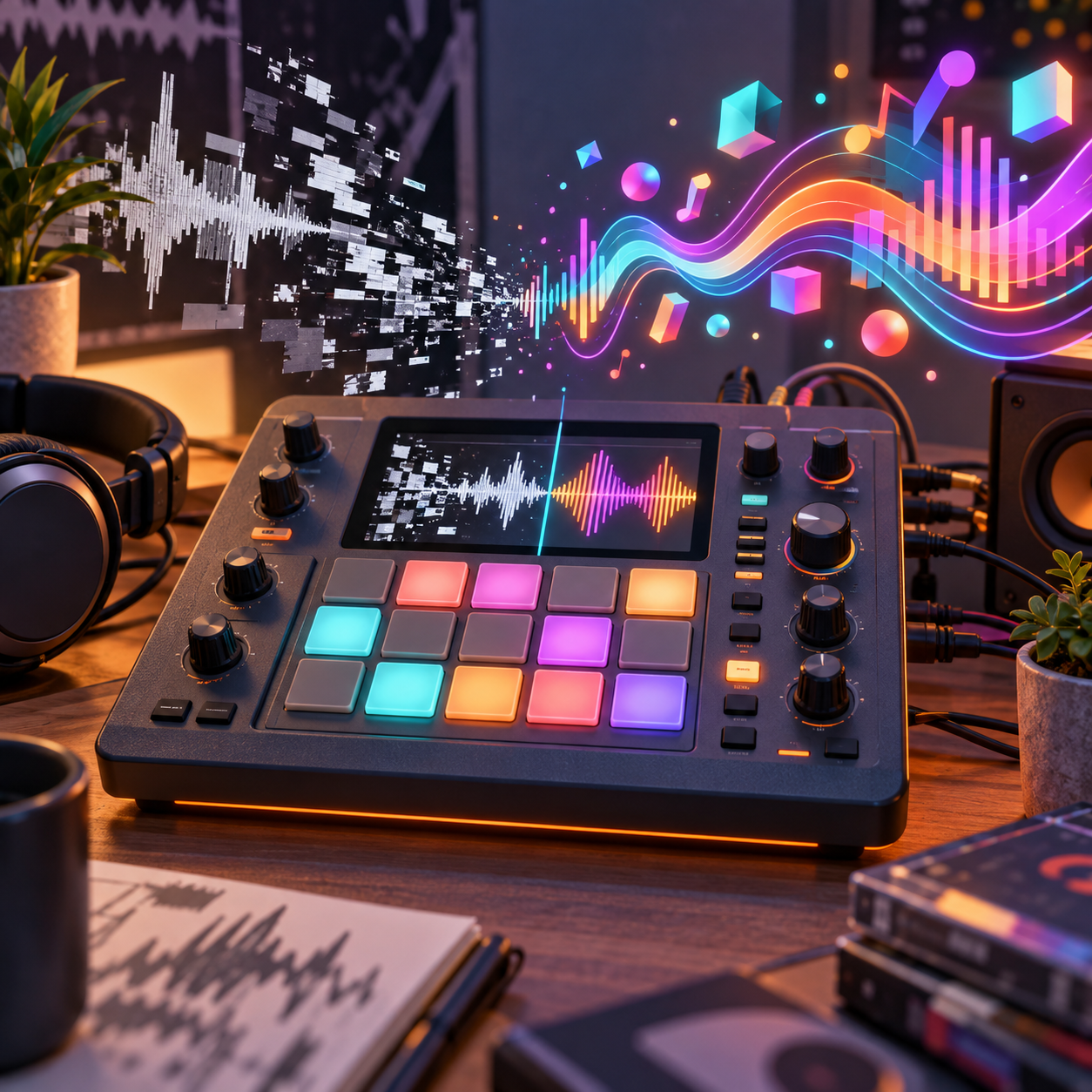 Generated illustration of a compact AI sampler turning glitchy waveforms into colorful music