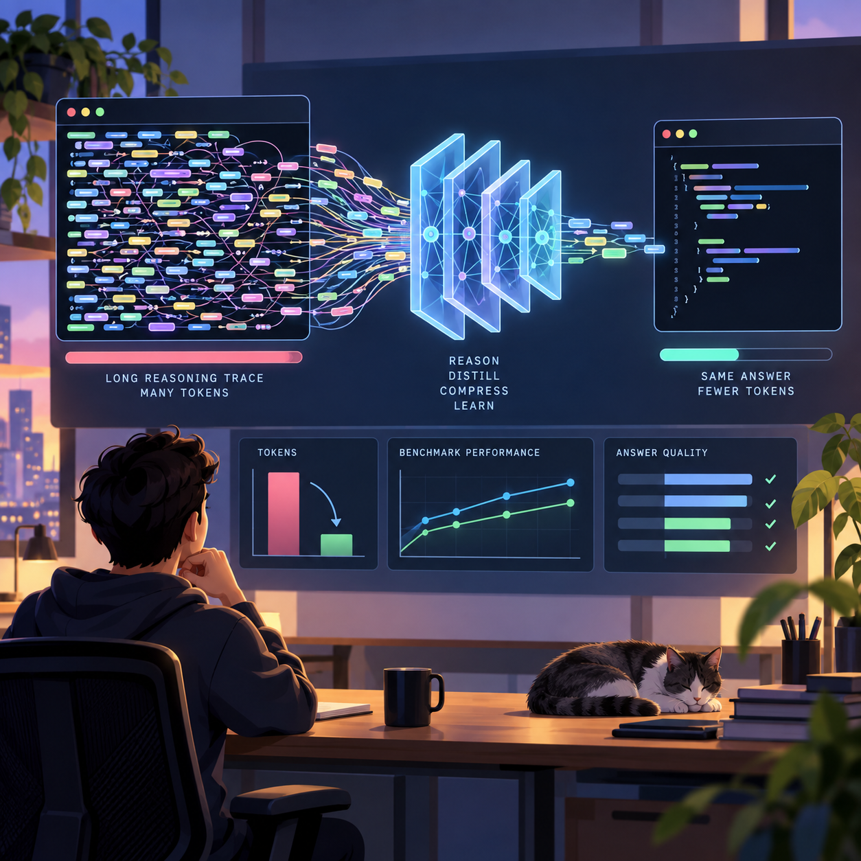 Generated illustration of a long AI reasoning trace being compressed into fewer output tokens
