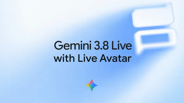 Google promotional graphic reading Gemini 3.8 Live with Live Avatar
