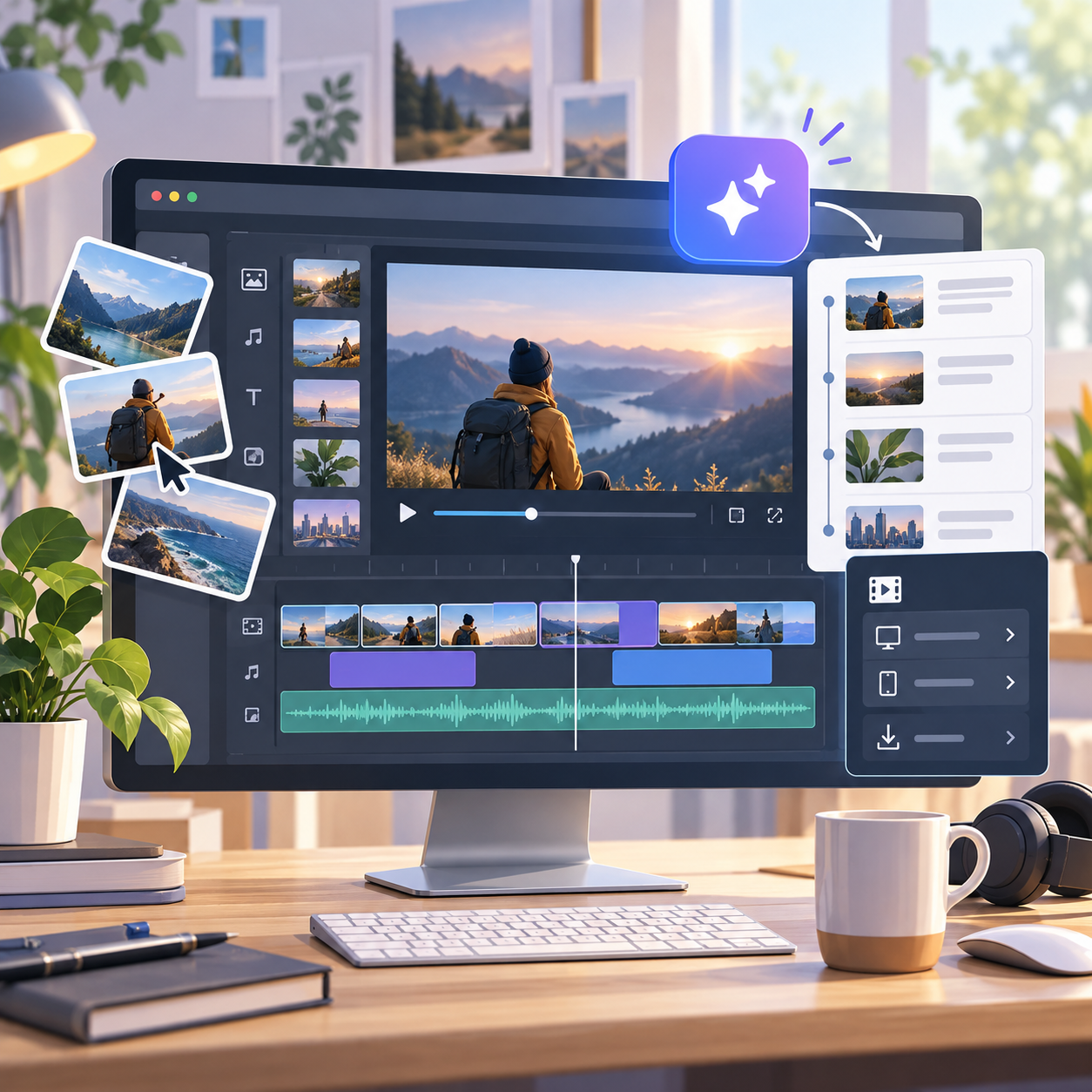 Generated illustration of an AI video editor timeline running on a desktop monitor