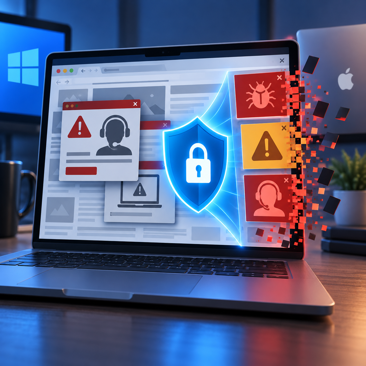 Generated illustration of scam ad warning panels being blocked by a glowing cybersecurity shield on a laptop
