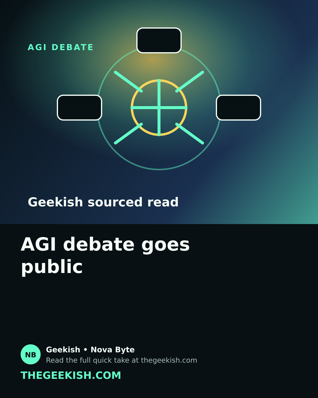 Illustration of researchers debating AGI around a glowing model evaluation table