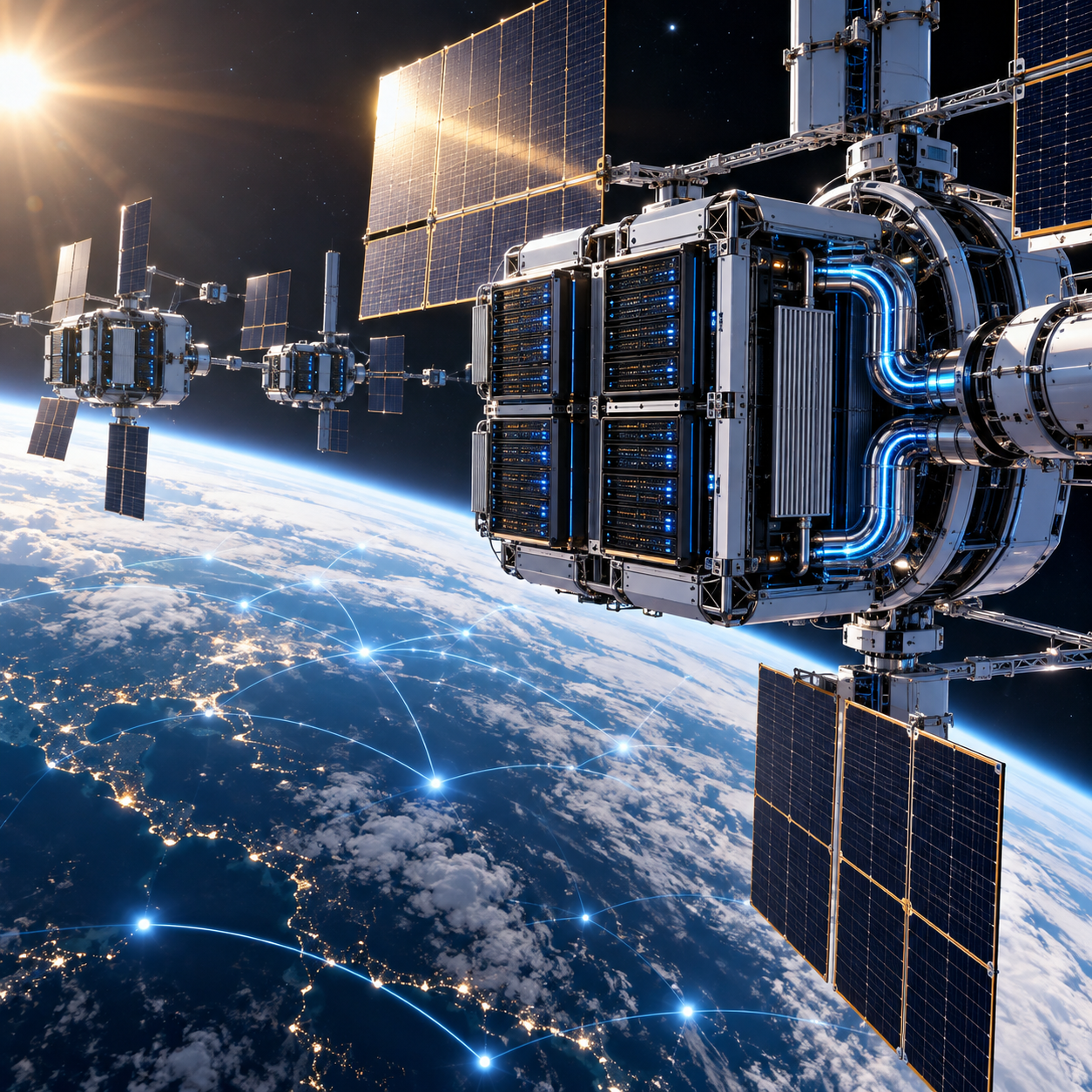Generated illustration of orbital AI compute modules and solar arrays above Earth