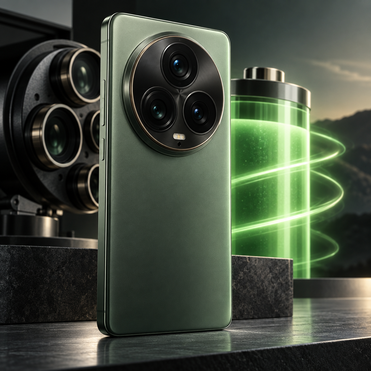 Generated illustration of a moss green smartphone with a large cinema-inspired camera module and glowing battery motif