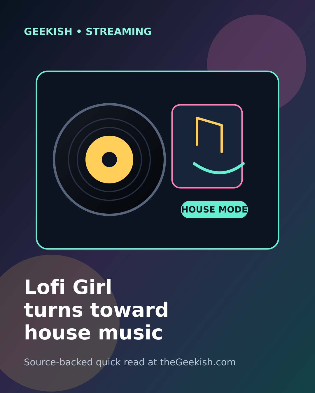Illustration of a cozy music stream setup shifting from study beats to house music