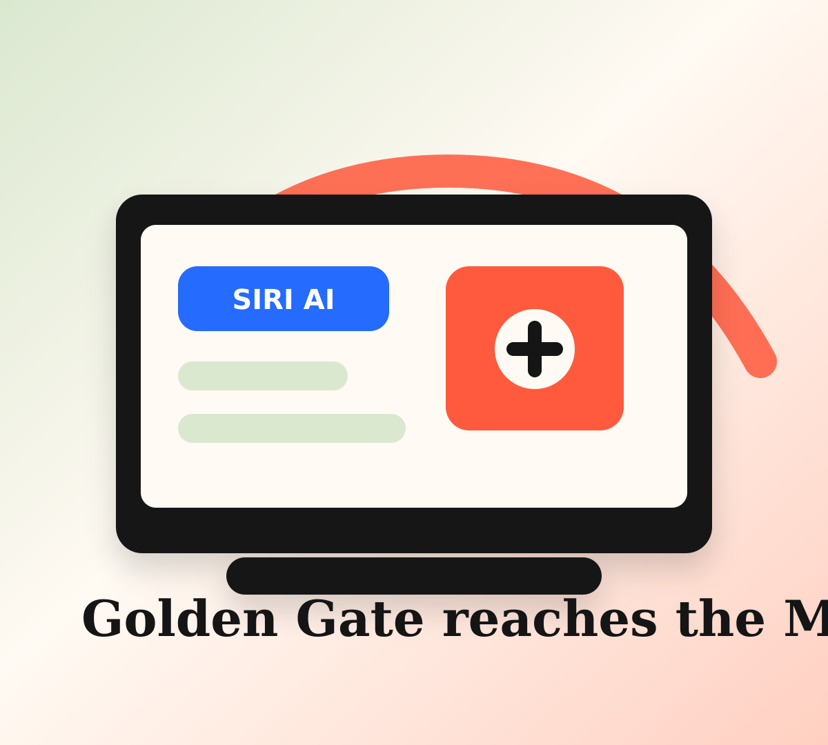 Illustration of a Mac desktop with Siri AI cards and Golden Gate-inspired interface colors