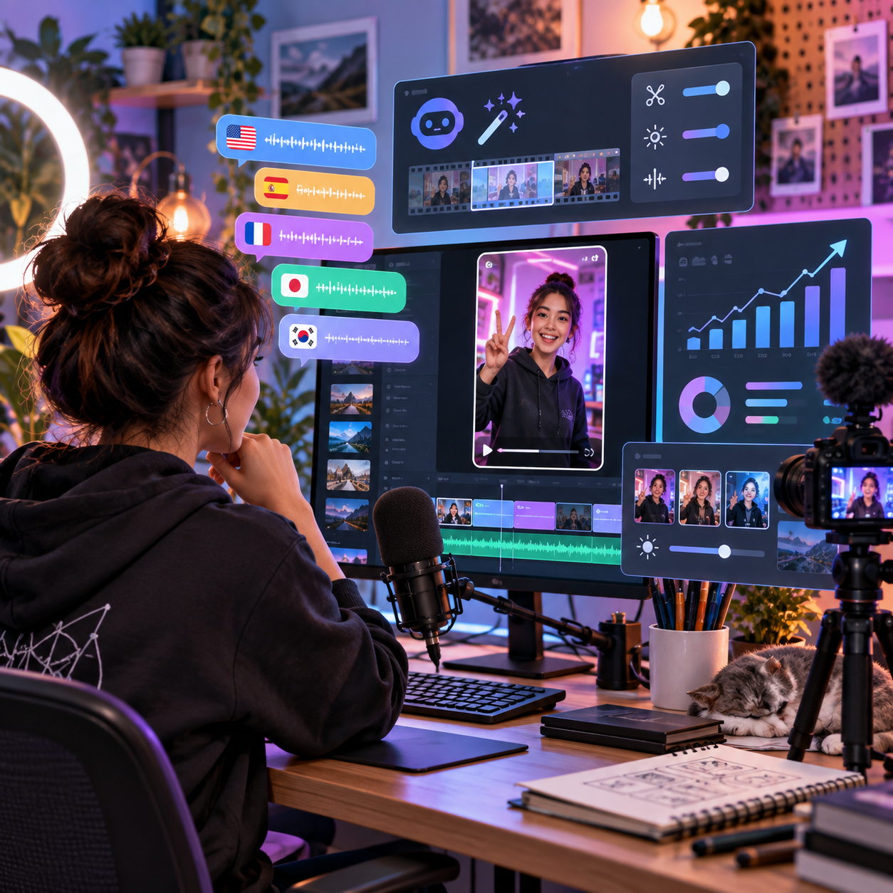 Generated illustration of a creator studio with AI editing controls and video analytics panels