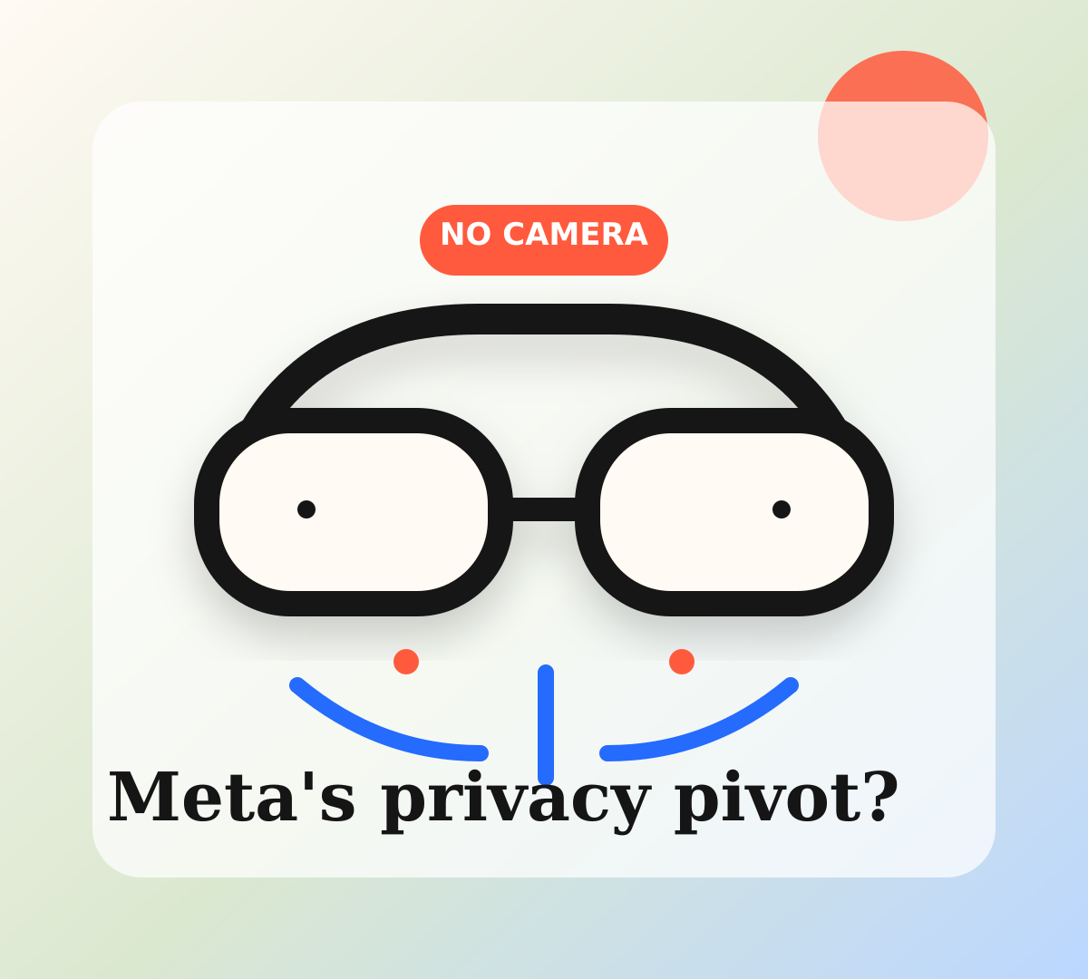 Illustration of camera-free smart glasses with audio and AI interface signals