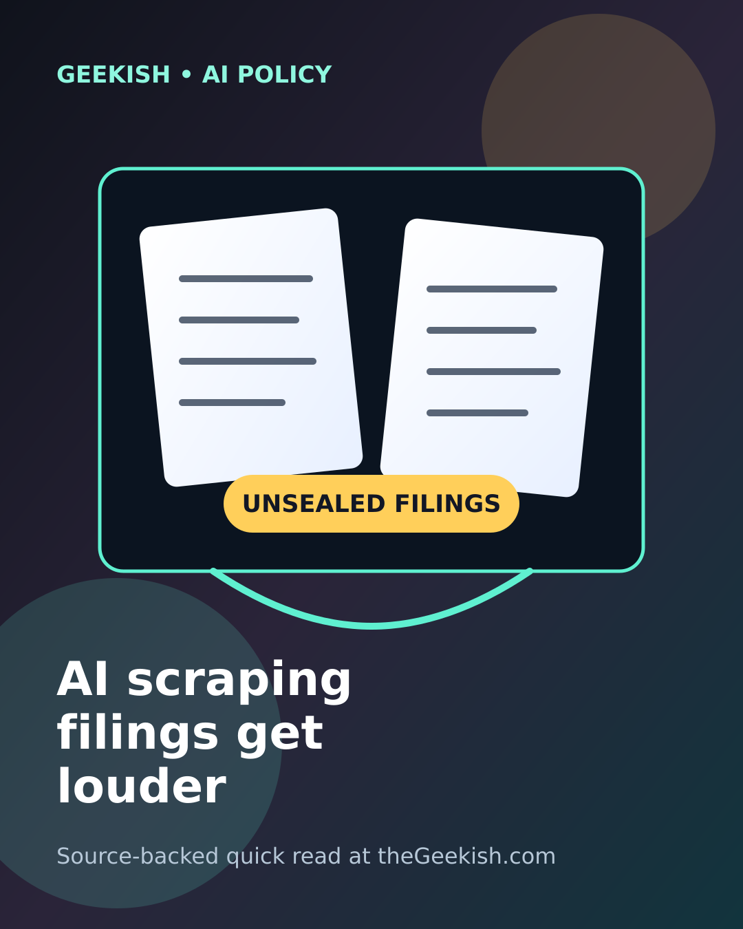 Illustration of court filings, news pages, and AI training data flowing into a model