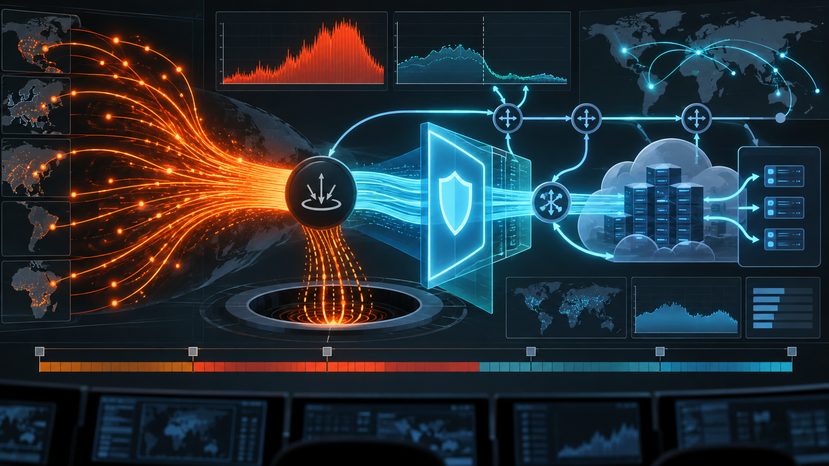 Generated illustration of DDoS traffic waves being diverted by network mitigation and CDN protection