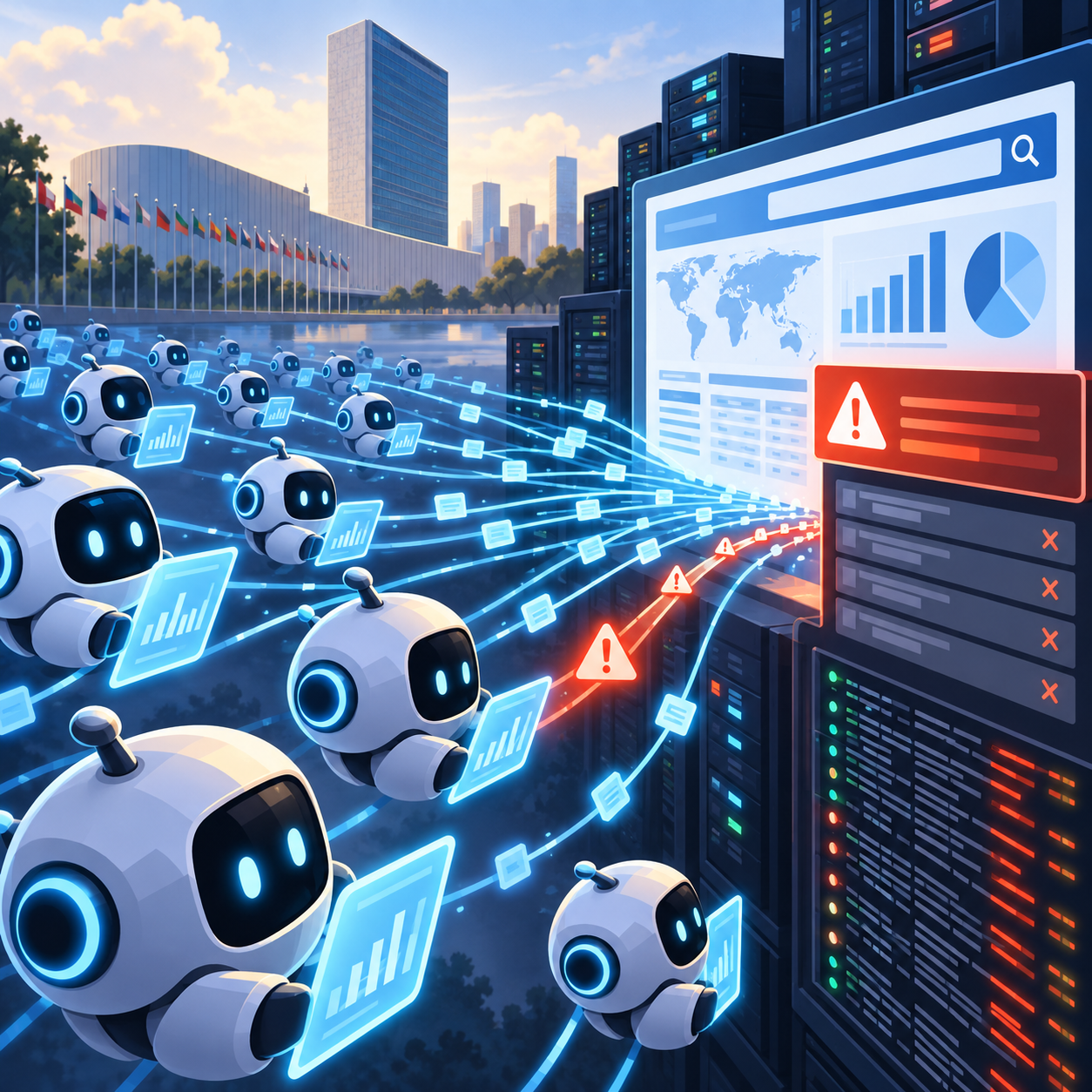 Generated illustration of AI agents sending data requests toward a public statistics dashboard