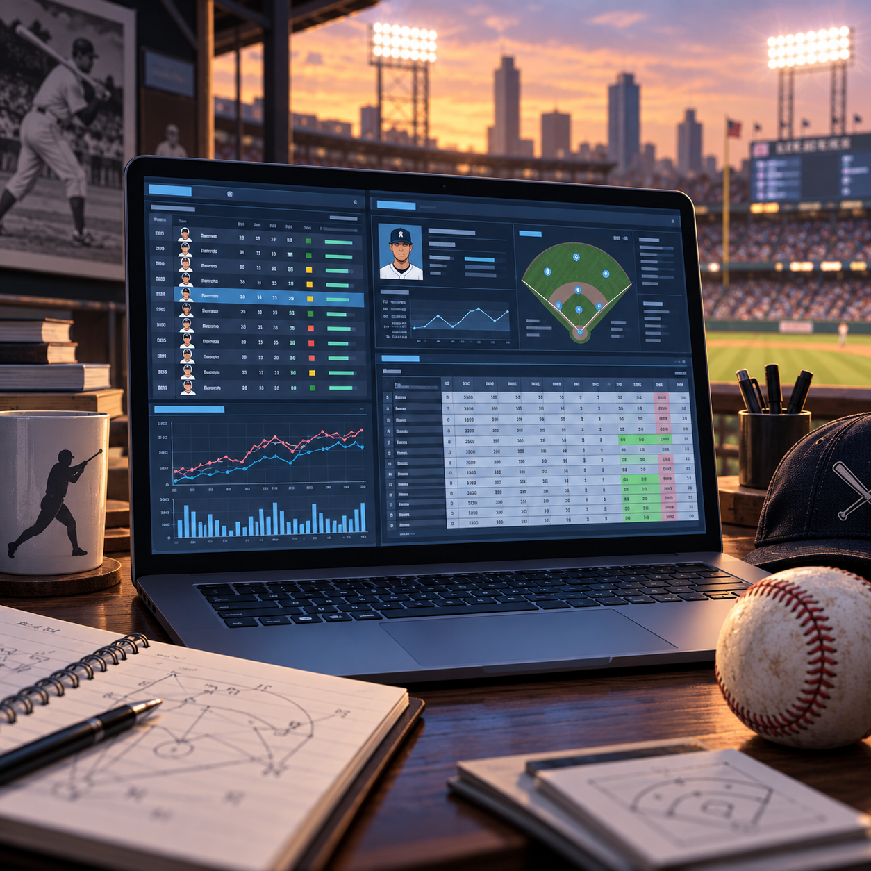 Generated illustration of a baseball management sim dashboard on a laptop at a stadium desk