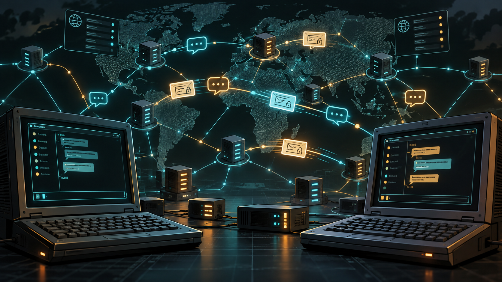 Generated illustration of terminal chat clients linked across decentralized server nodes on a world map