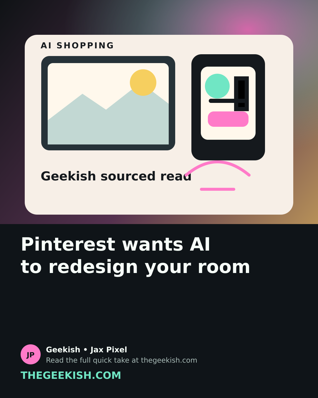 Illustration of a phone restyling a living room with AI decor cards