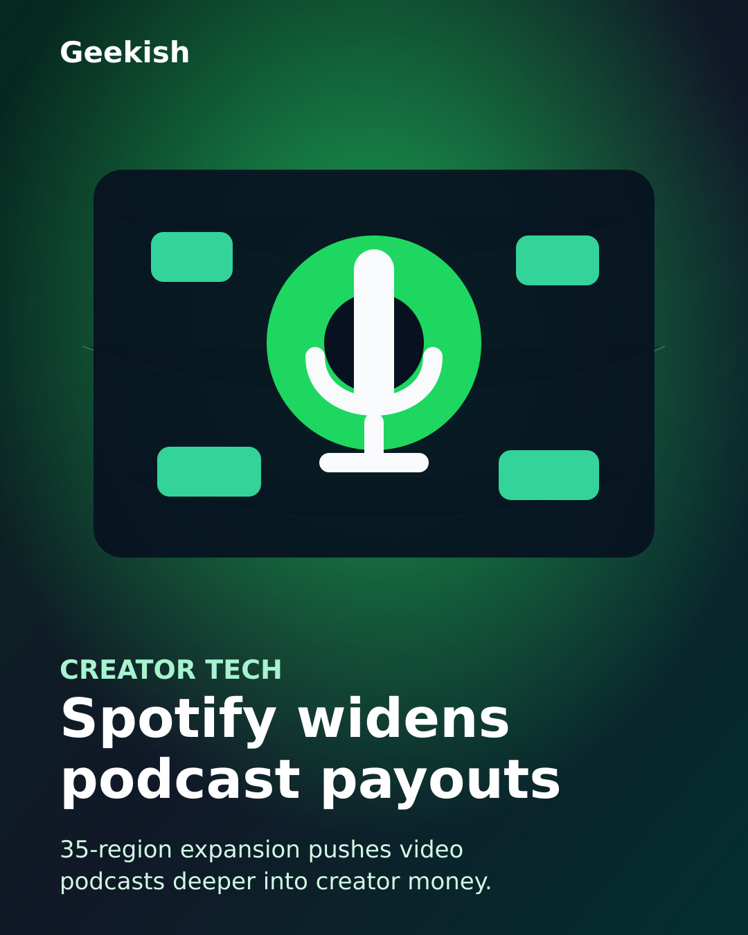 Illustration of podcast tiles expanding across a global map