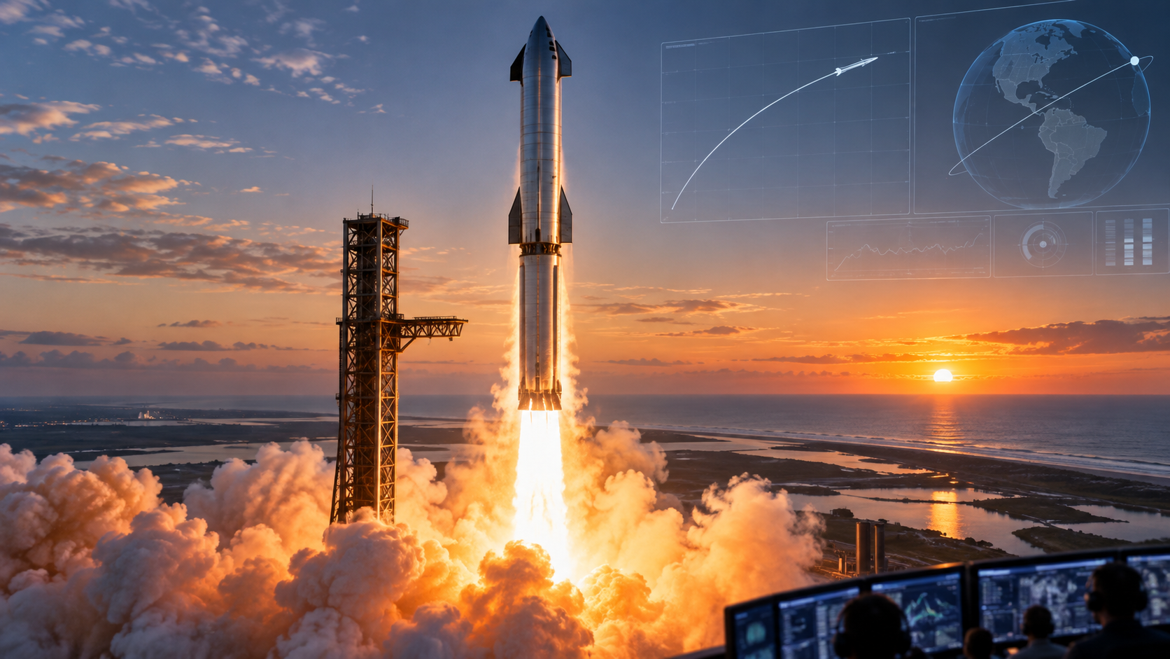 Generated illustration of a stainless steel megarocket lifting off at dawn with orbital telemetry overlays