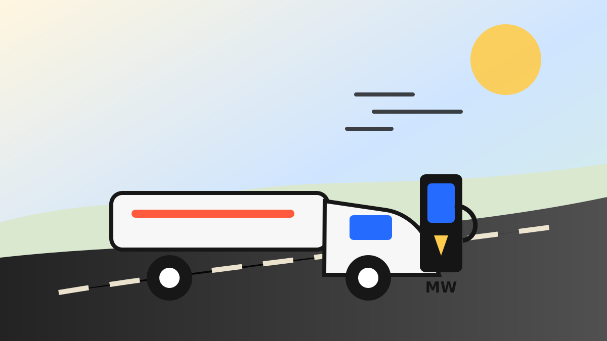 Generated illustration of an electric semi truck waiting near sparse megawatt charging stations