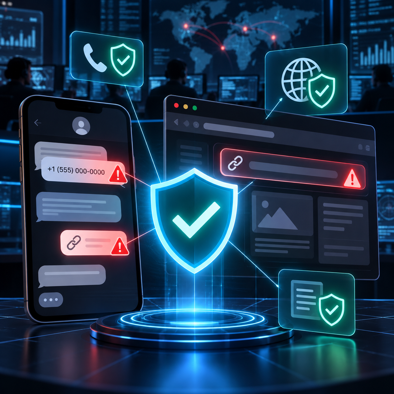 Generated illustration of suspicious phone messages and web links being checked by a security shield