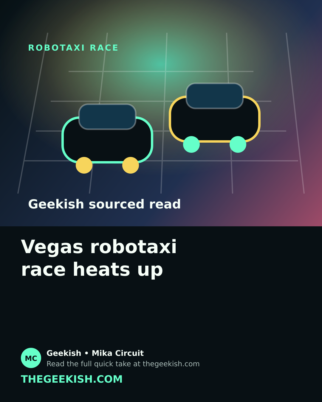 Illustration of steering-wheel-free robotaxis moving through a neon Las Vegas street grid